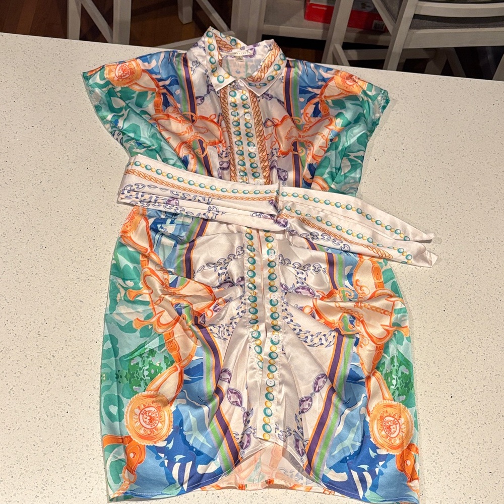 Colorful Patterned Dress with Belt